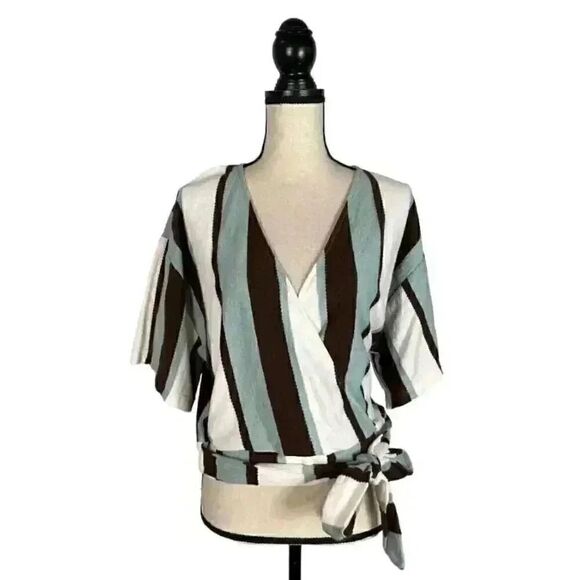Zara Women's Blue/Cream/Brown Striped Cotton Poly Wrap Shirt - Picture 3 of 12